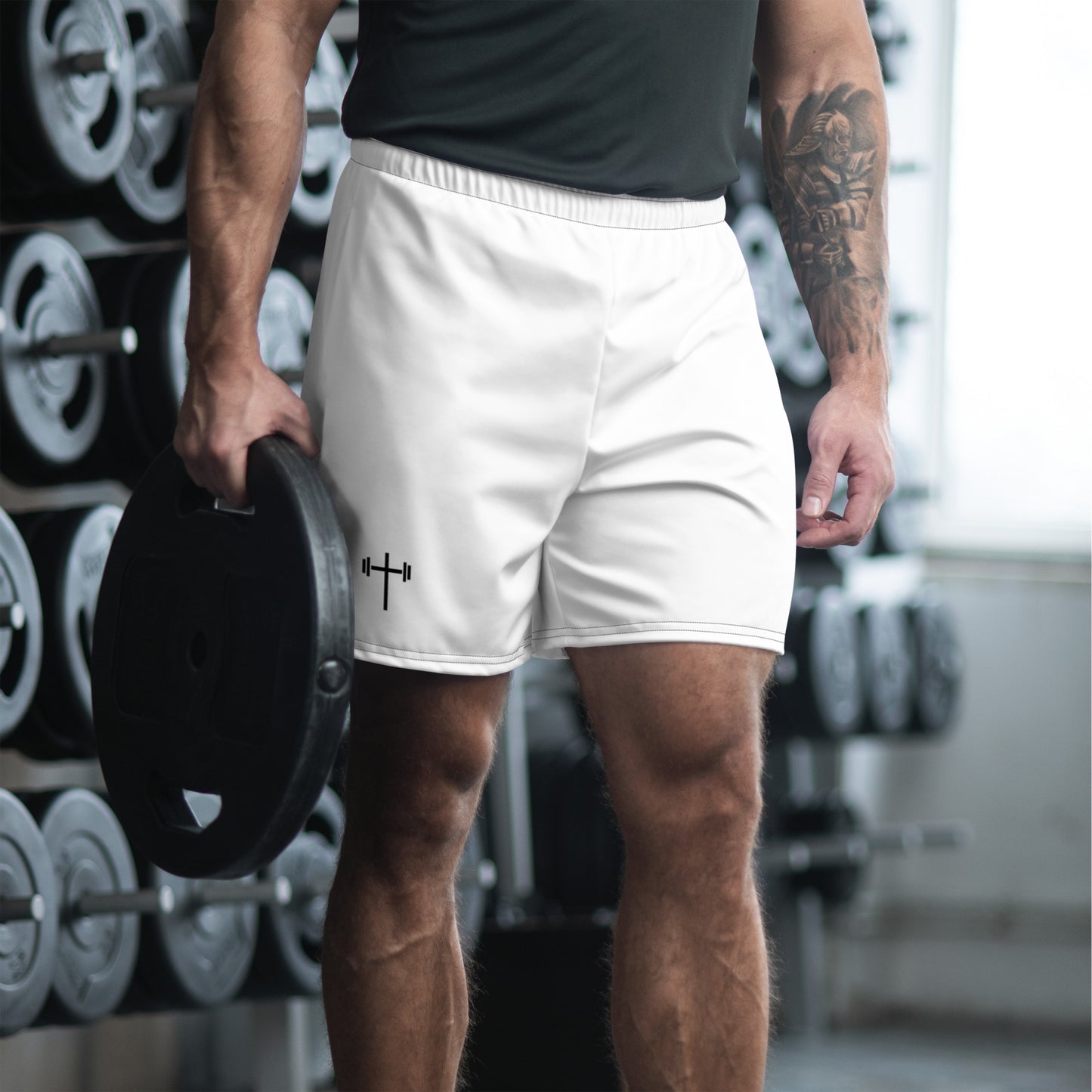 Cross & Barbell Men's Athletic Shorts (White)