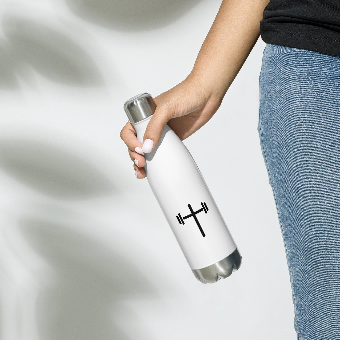 Cross & Barbell Stainless Steel Water Bottle (White)