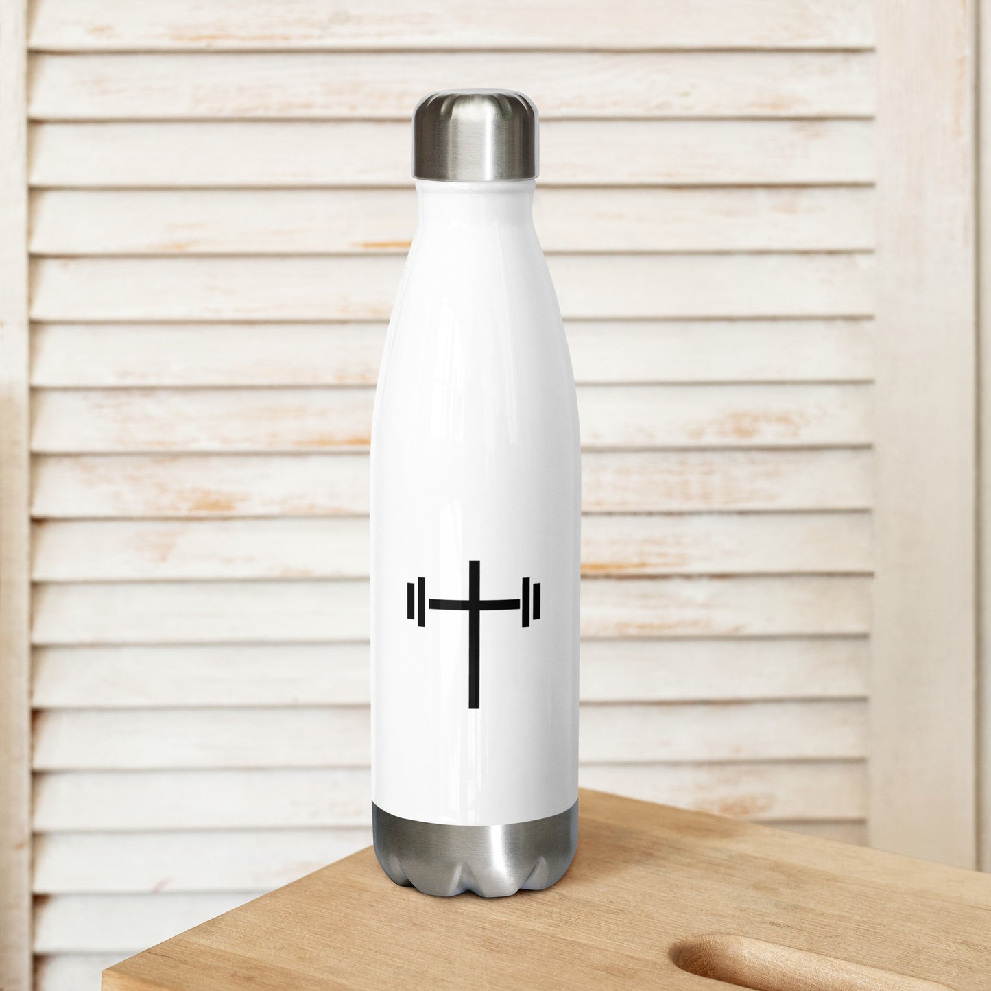 Cross & Barbell Stainless Steel Water Bottle (White)