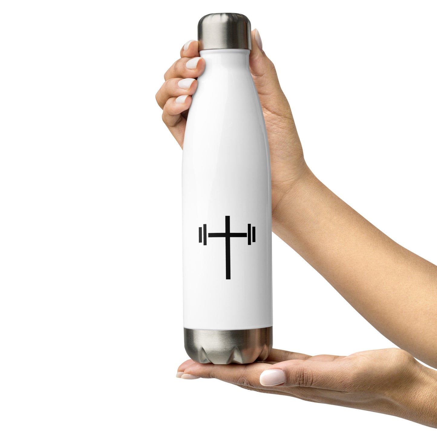 Cross & Barbell Stainless Steel Water Bottle (White)