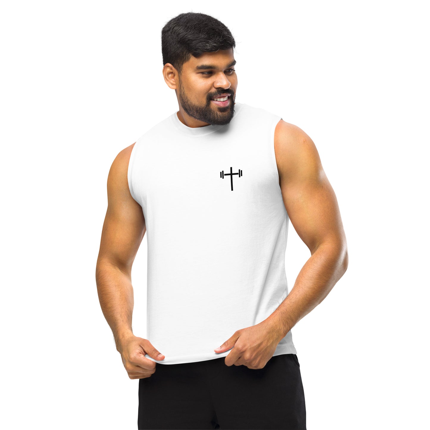 Cross & Barbell Muscle Shirt (White)